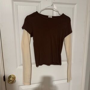 Brandy Melville Brown and Cream Long Sleeve Tee